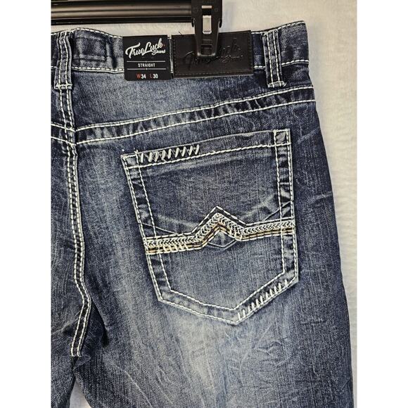 True Luck Men`s Jeans Straight Fit Medium Wash Sz 34x30 NWT Embroidered Pockets‎ - Picture 3 of 11
